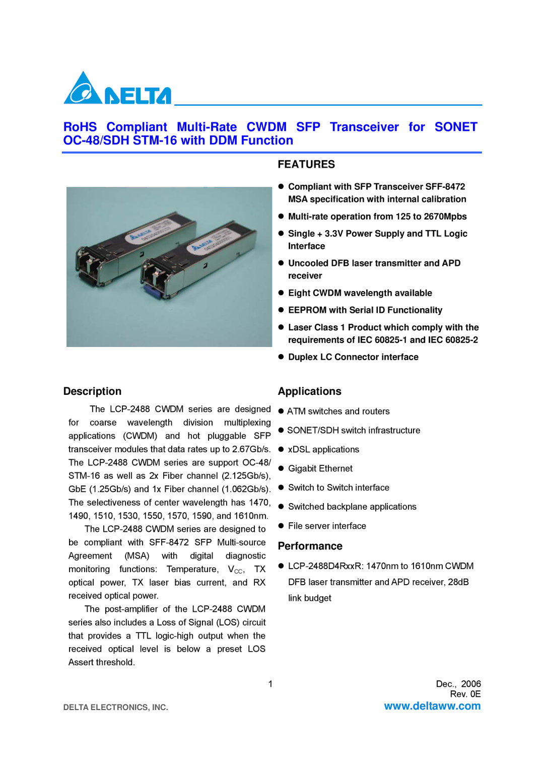 Delta Electronics OC-48/SDH, STM-16 manual Description Applications, Performance, Compliant with SFP Transceiver SFF-8472 