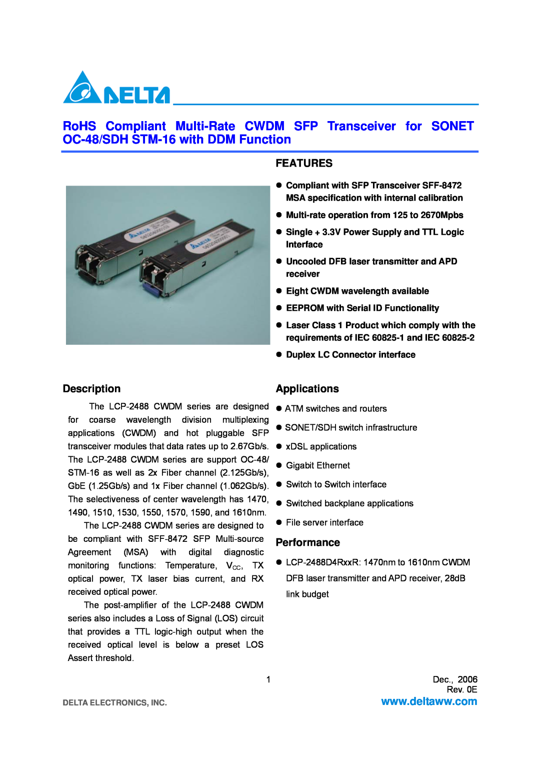 Delta Electronics OC-48/SDH manual Features, Description, Applications, Performance, z Duplex LC Connector interface 