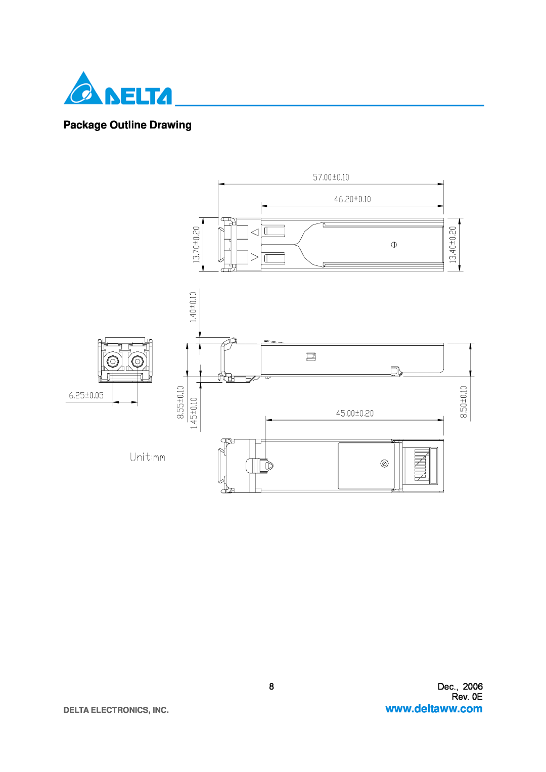 Delta Electronics STM-16, OC-48/SDH manual Package Outline Drawing, Rev. 0E, Delta Electronics, Inc 