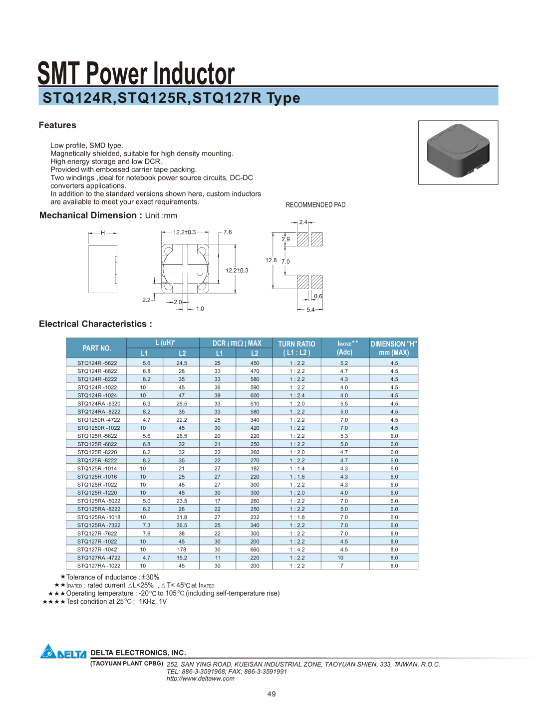 Delta Electronics manual SMT Power Inductor, STQ124R,STQ125R,STQ127R Type, Features, Mechanical Dimension Unit mm 