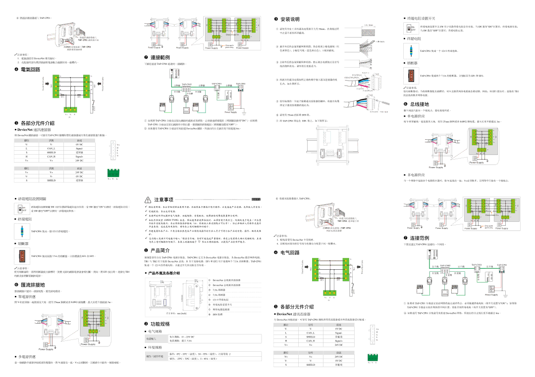 Delta Electronics TAP-CP01 specifications 電氣回路, 連接範例, 安裝說明, 各部分元件介紹, 總線接地, 注意事項简体中文, 匯流排接地 