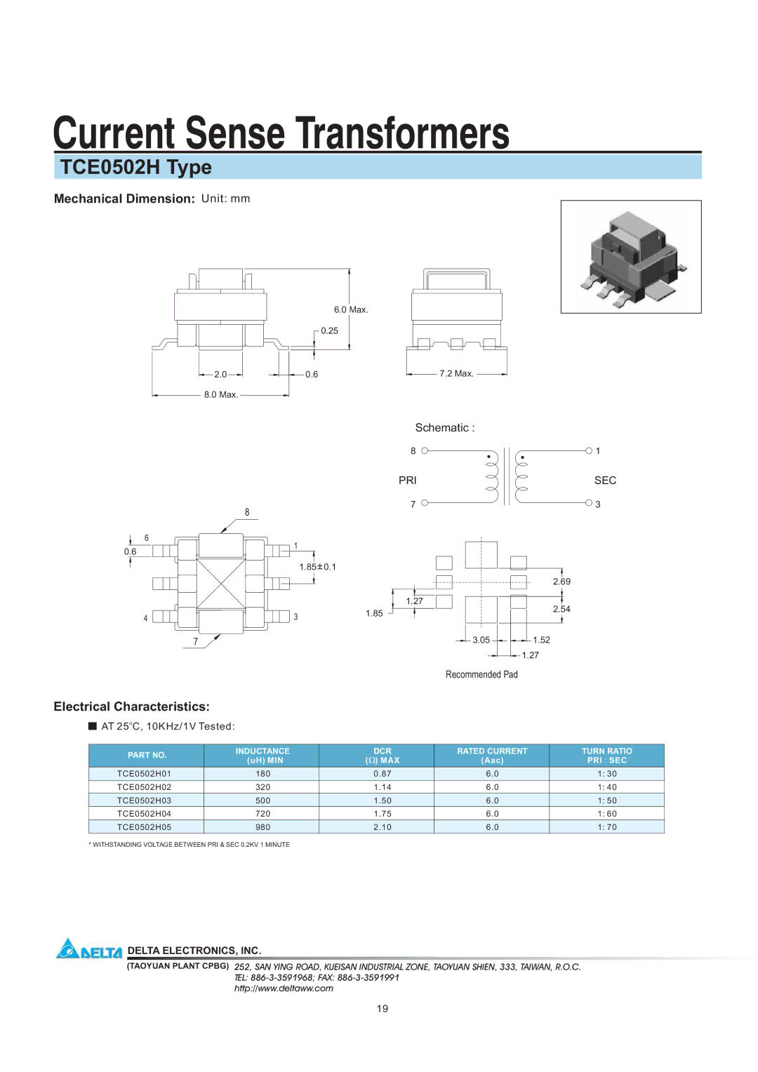 Delta Electronics manual Current Sense Transformers, TCE0502H Type, Mechanical Dimension Unit mm 