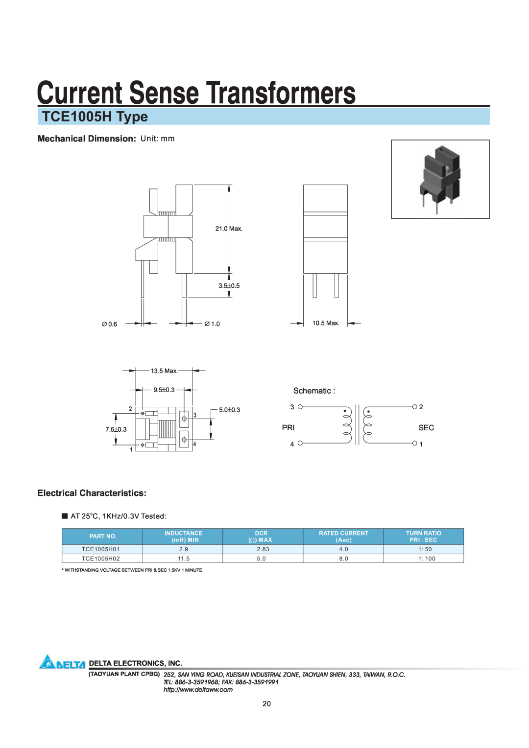 Delta Electronics manual Current Sense Transformers, TCE1005H Type, Mechanical Dimension Unit mm, Schematic, Max 3.50.5 