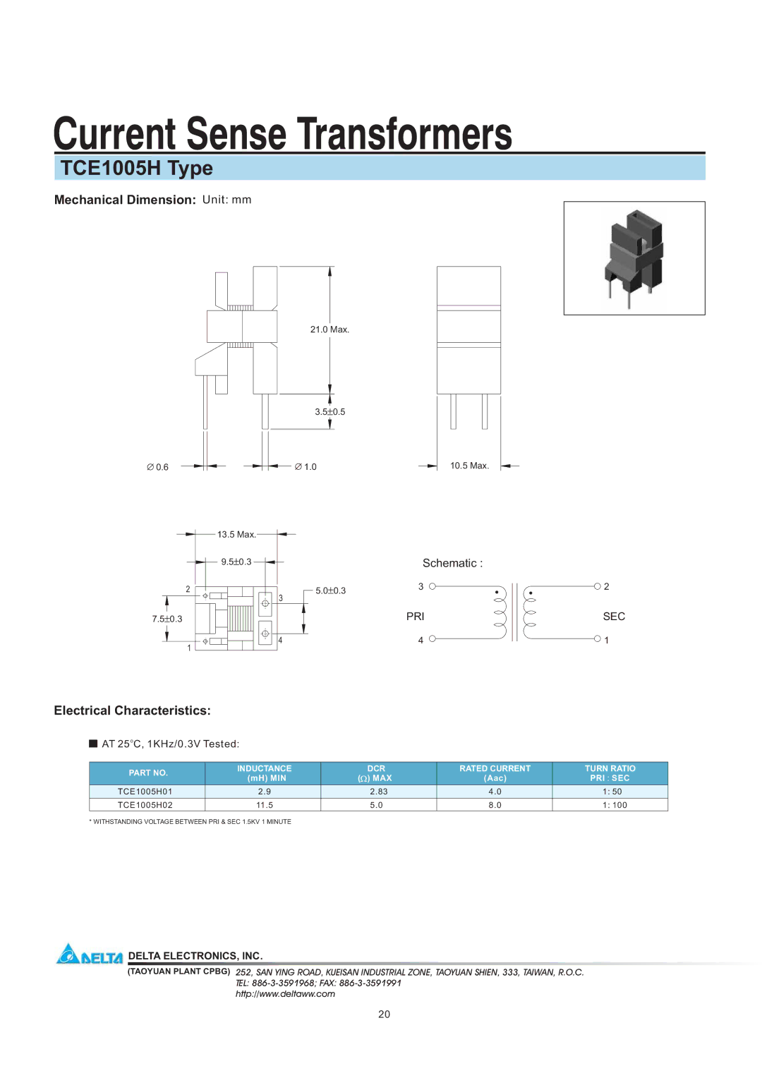 Delta Electronics manual Current Sense Transformers, TCE1005H Type, Mechanical Dimension Unit mm 