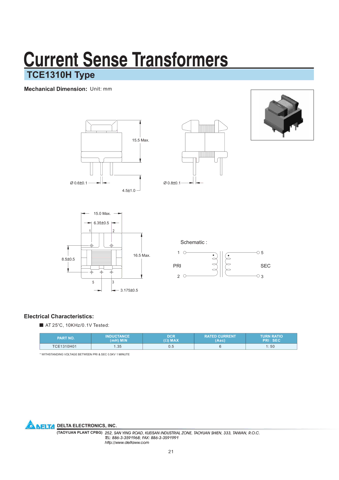 Delta Electronics manual Current Sense Transformers, TCE1310H Type, Mechanical Dimension Unit mm 