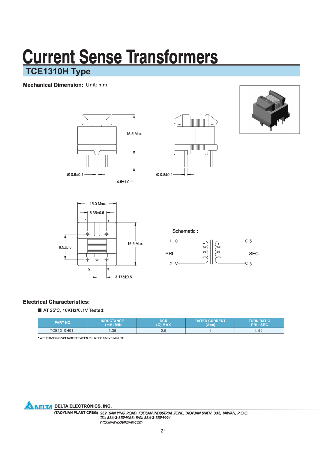 Delta Electronics manual Current Sense Transformers, TCE1310H Type, Mechanical Dimension Unit mm, Schematic, 15.5 Max 