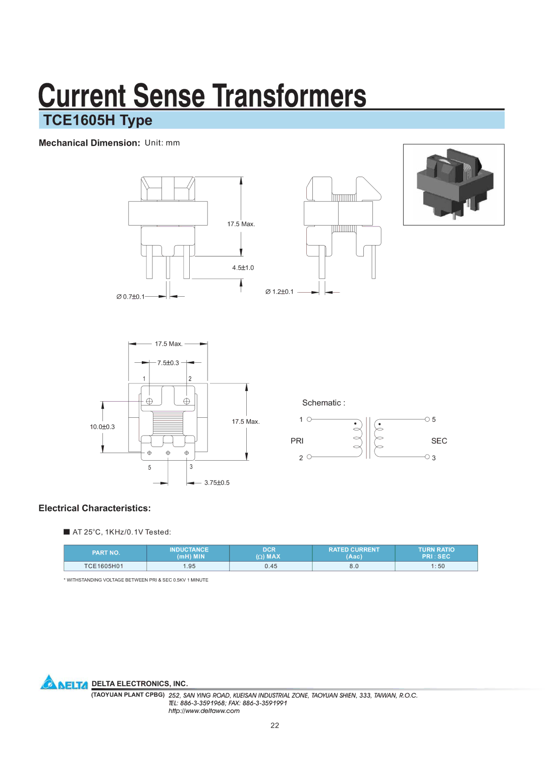 Delta Electronics manual Current Sense Transformers, TCE1605H Type, Mechanical Dimension Unit mm 