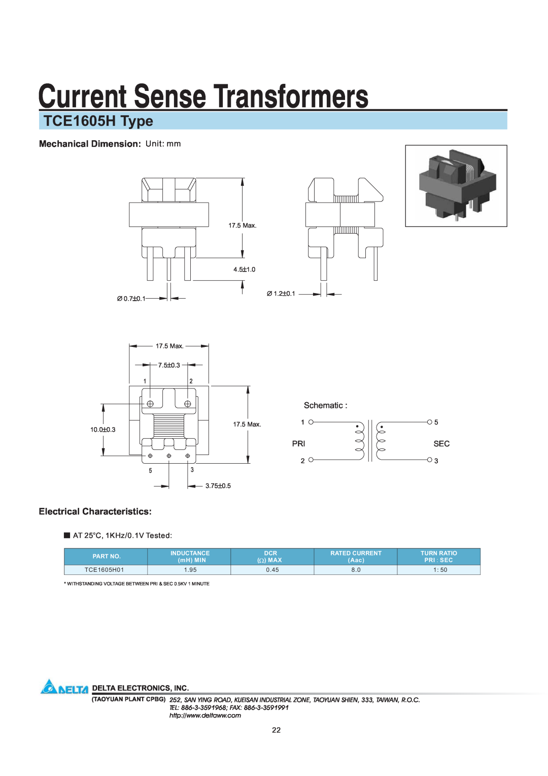 Delta Electronics manual Current Sense Transformers, TCE1605H Type, Mechanical Dimension Unit mm, Schematic, Max 4.51.0 
