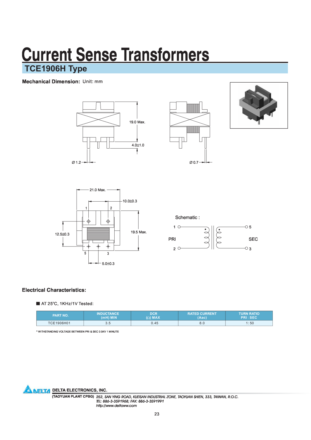 Delta Electronics manual Current Sense Transformers, TCE1906H Type, Mechanical Dimension Unit mm, Schematic, 19.0 Max 