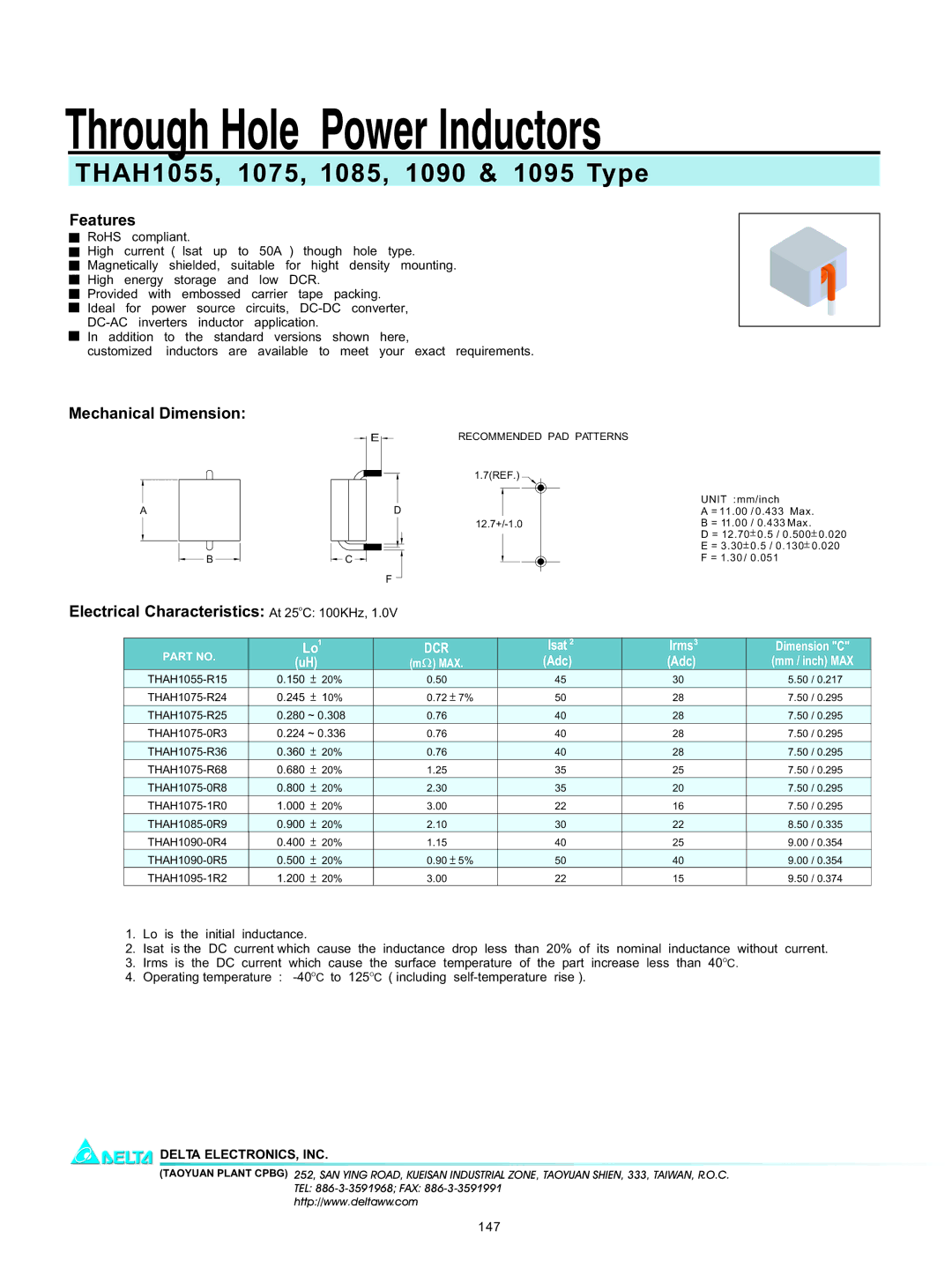 Delta Electronics THAH1075 manual Through Hole Power Inductors, THAH1055, 1075, 1085, 1090 & 1095 Type, Features 