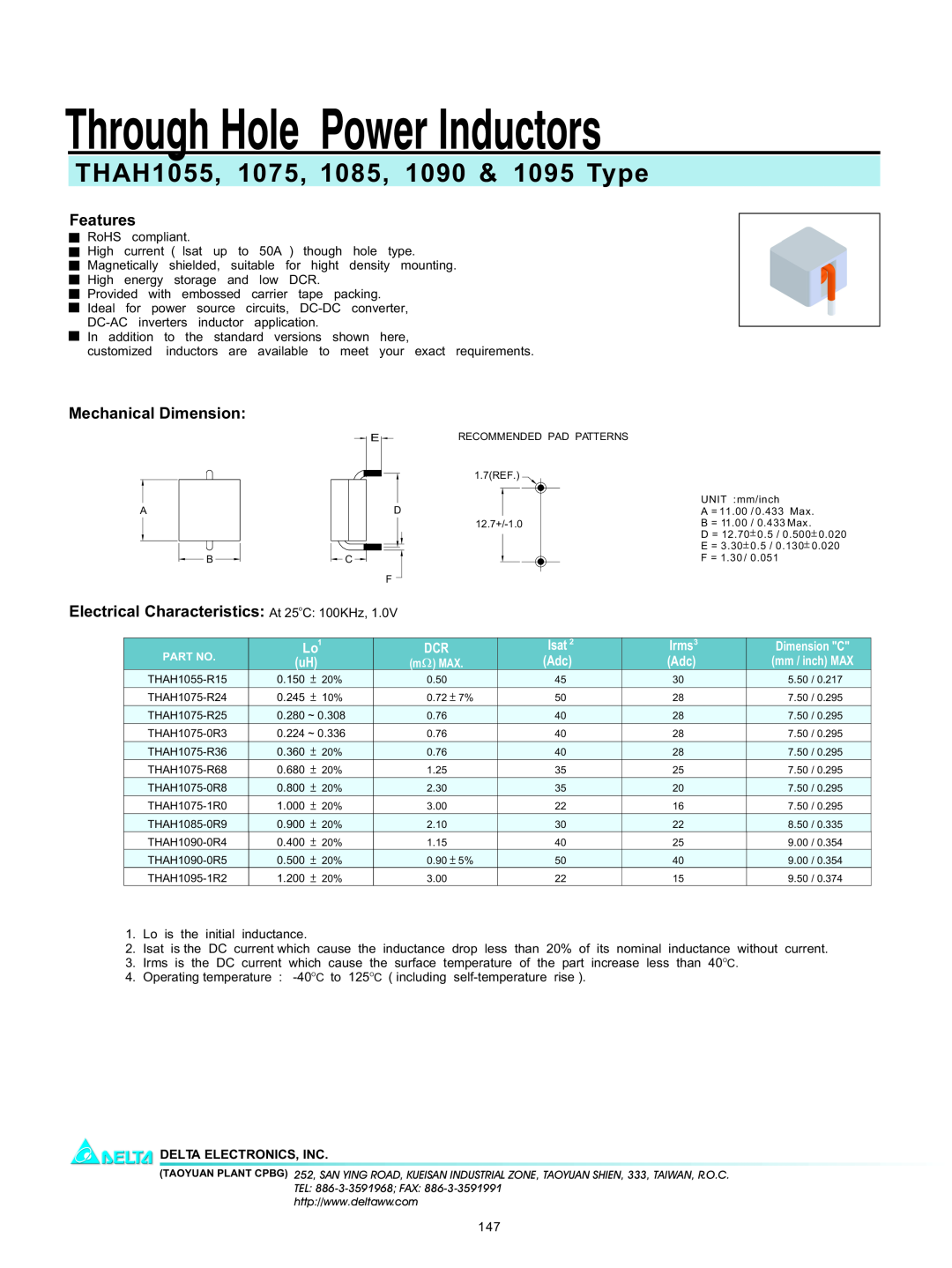 Delta Electronics manual Through Hole Power Inductors, THAH1055, 1075, 1085, 1090 & 1095 Type, Features, Isat, Irms 