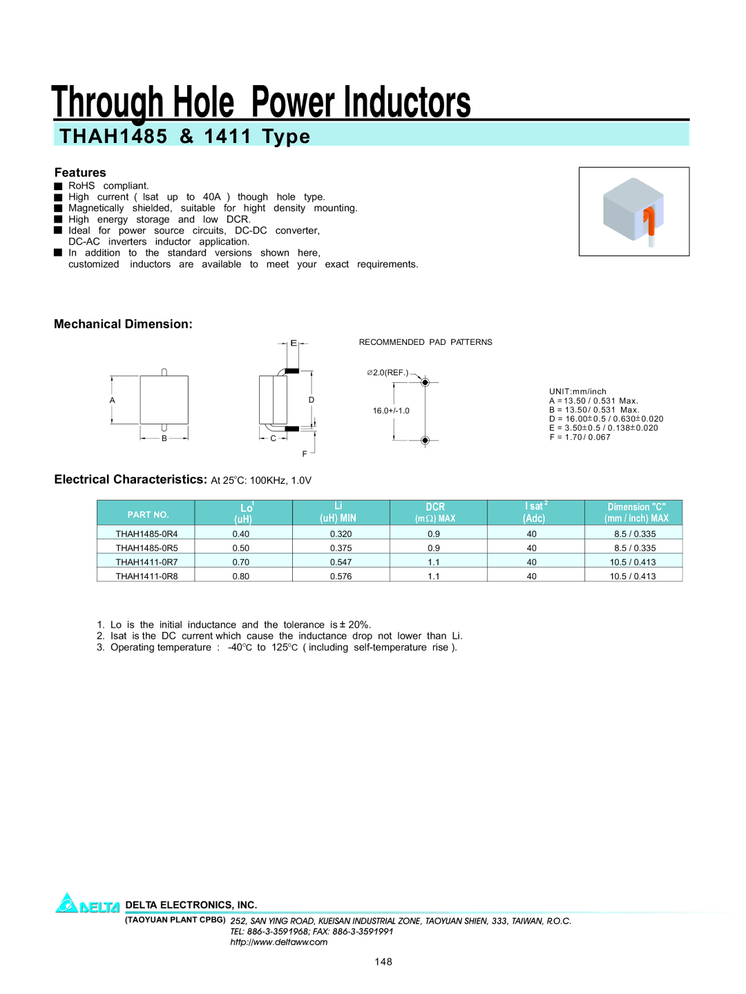 Delta Electronics manual Through Hole Power Inductors, THAH1485 & 1411 Type, Features, Mechanical Dimension 