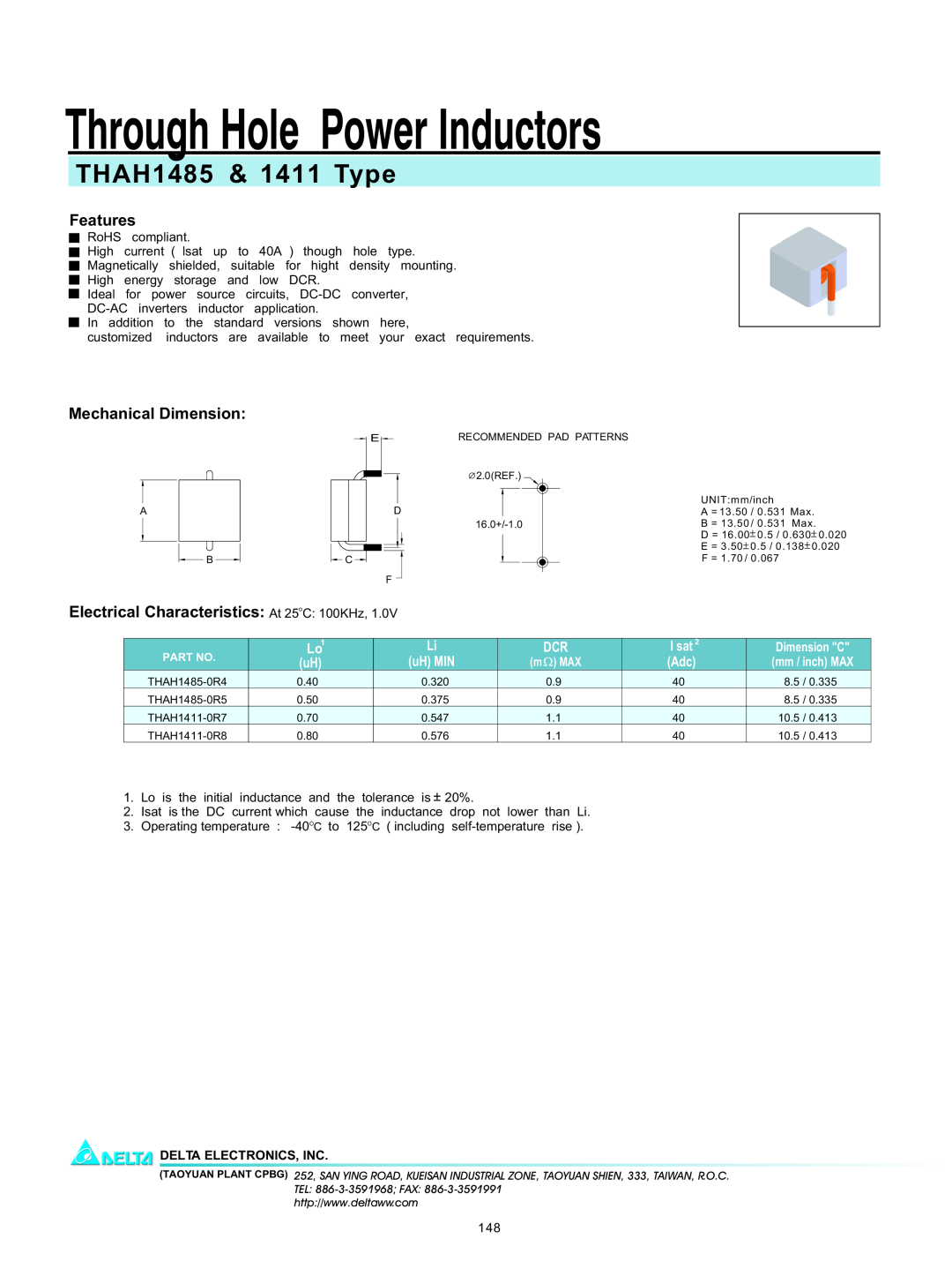 Delta Electronics manual Through Hole Power Inductors, THAH1485 & 1411 Type, Features, Mechanical Dimension, I sat 