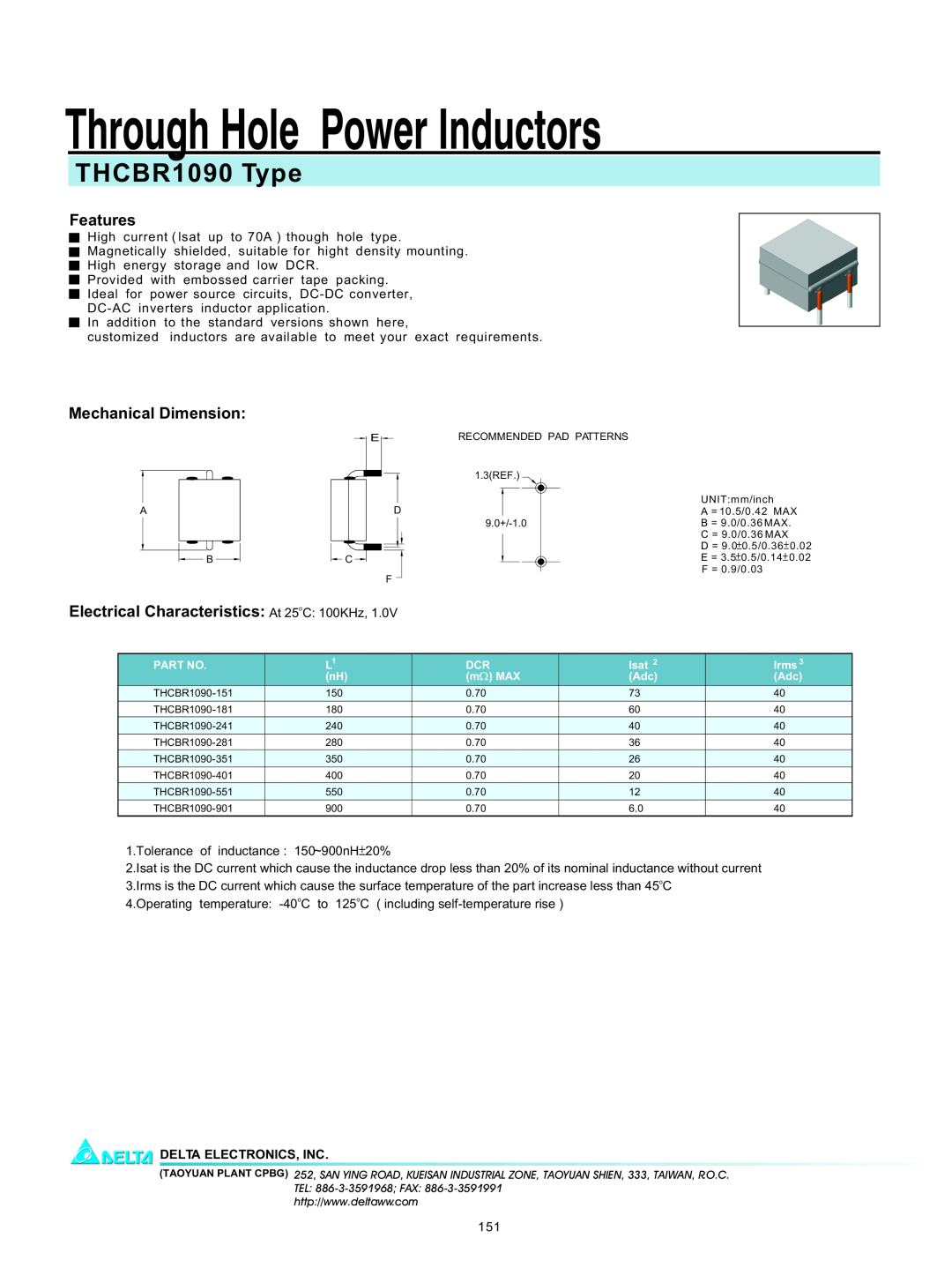 Delta Electronics manual Through Hole Power Inductors, THCBR1090 Type, Features, Mechanical Dimension 