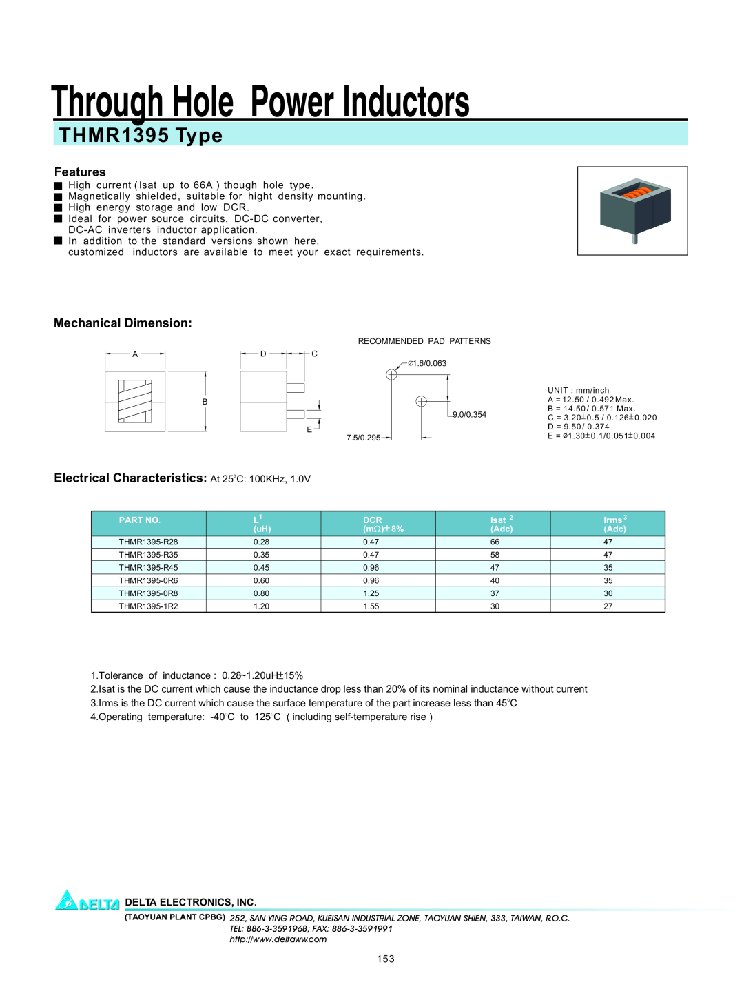 Delta Electronics manual Through Hole Power Inductors, THMR1395 Type, Features, Mechanical Dimension 