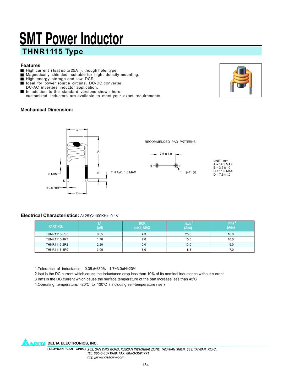 Delta Electronics manual SMT Power Inductor, THNR1115 Type, Features, Mechanical Dimension 