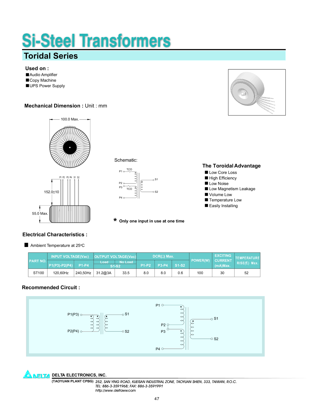 Delta Electronics Toridal Series manual Si-Steel Transformers 