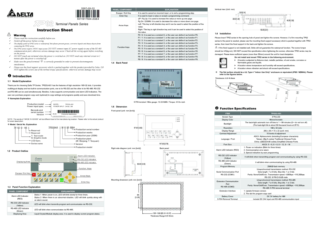 Delta Electronics TP02G-AS1 instruction sheet Introduction, Function Specifications 