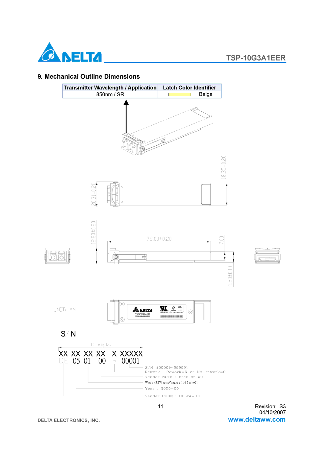 Delta Electronics TSP-10G3A1EER manual Mechanical Outline Dimensions, Latch Color Identifier, Beige 