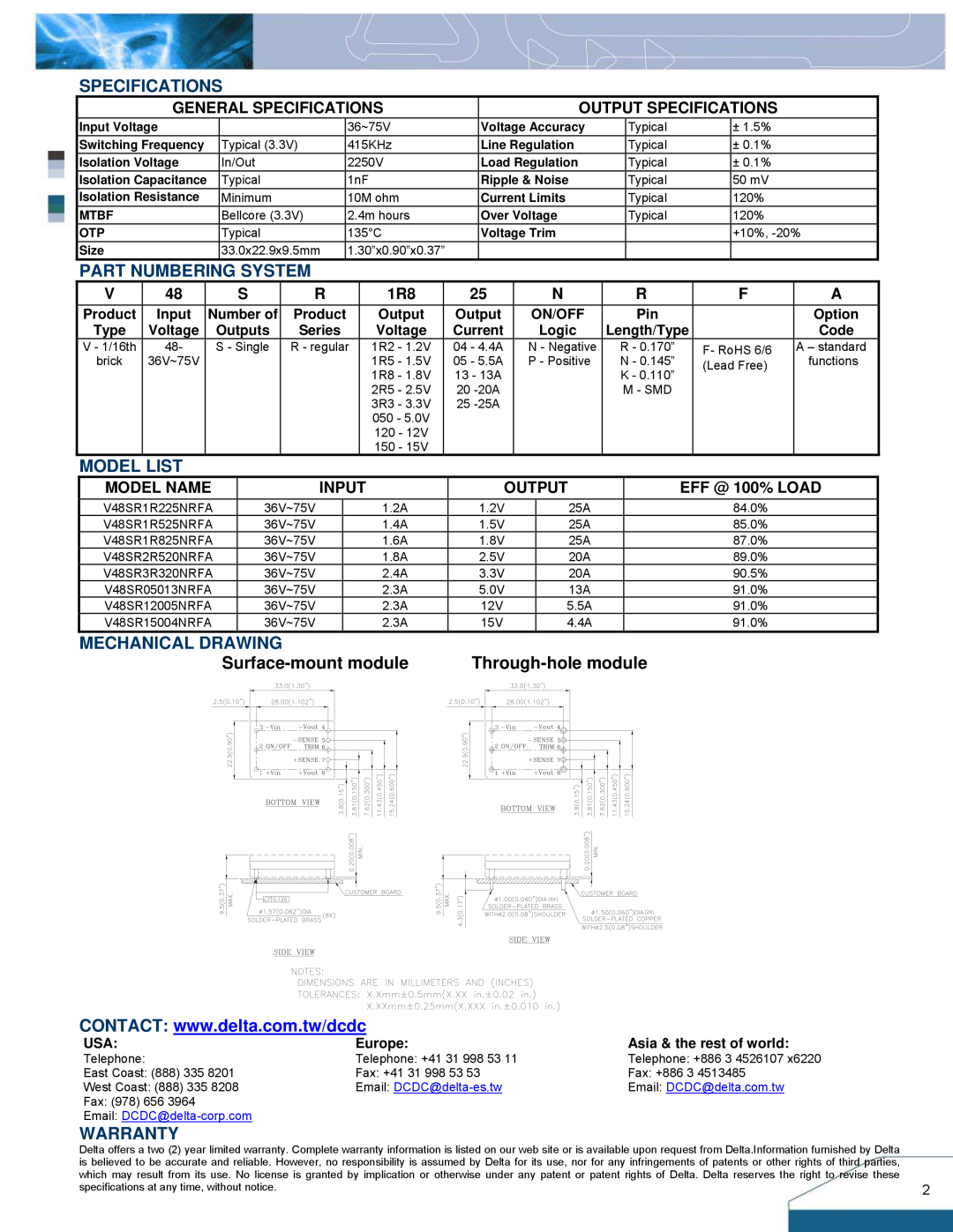 Delta Electronics V48SR Specifications, System, Model List, Mechanical Drawing, Warranty, Surface-mount module, Model Name 