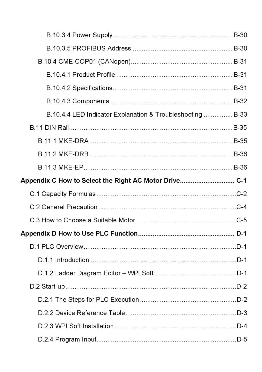 Delta Electronics VFD-E manual Appendix C How to Select the Right AC Motor Drive, Appendix D How to Use PLC Function 