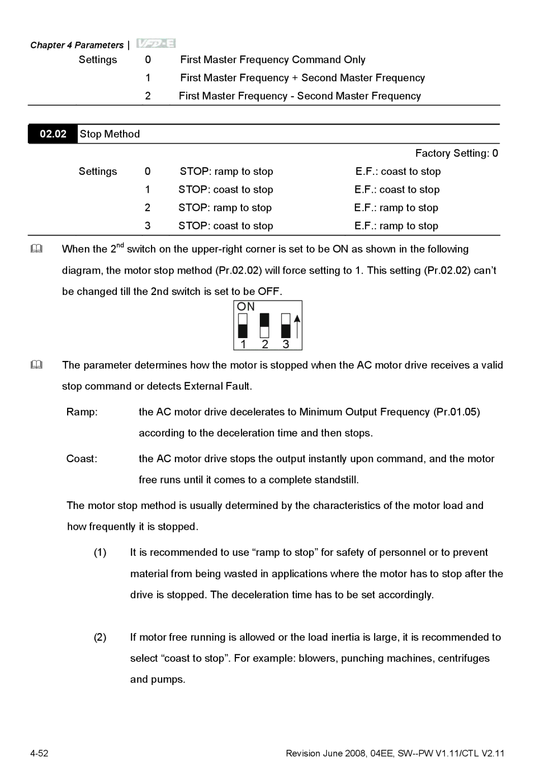 Delta Electronics VFD-E manual Settings First Master Frequency Command Only 