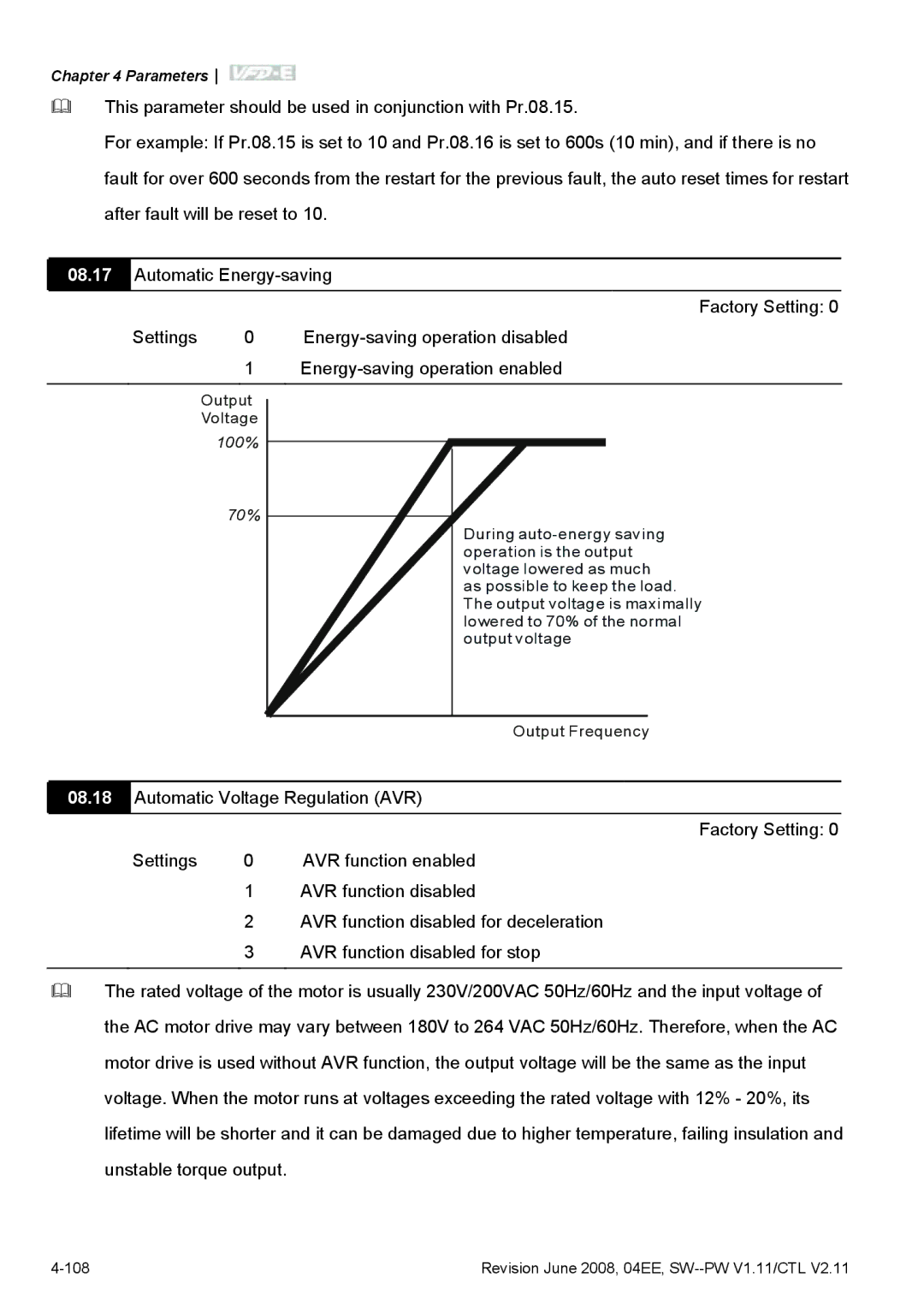 Delta Electronics VFD-E manual AVR function disabled for stop 