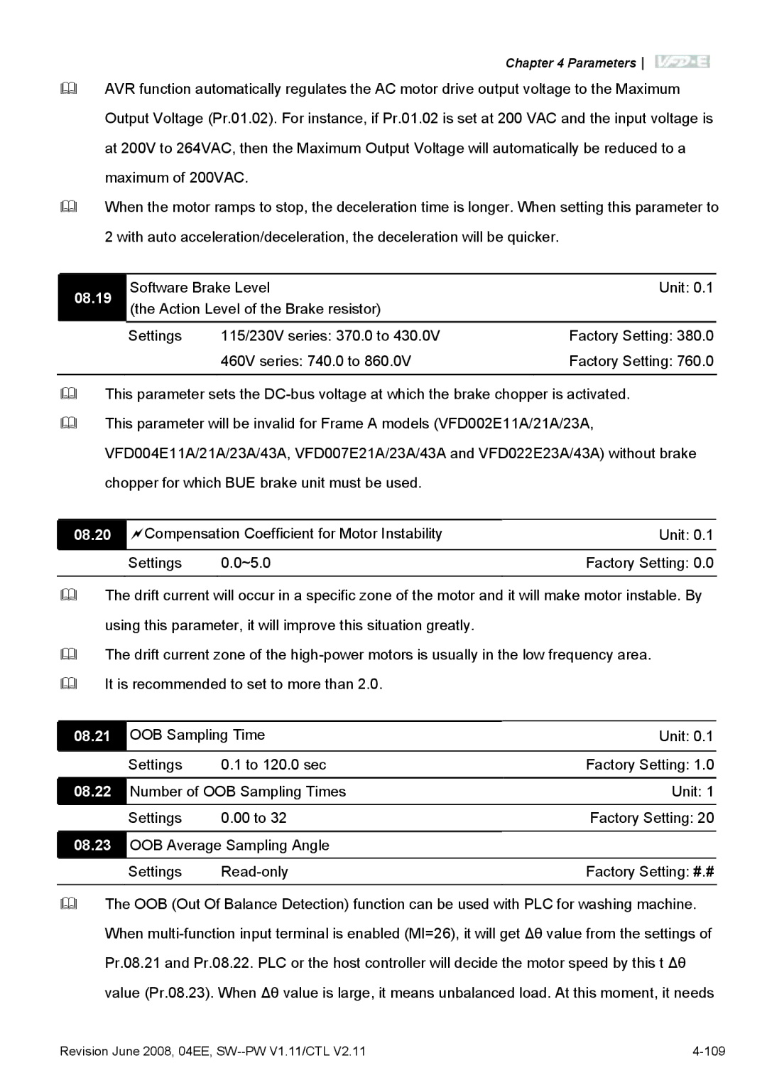 Delta Electronics VFD-E manual 08.19, 08.20, 08.21, 08.22 