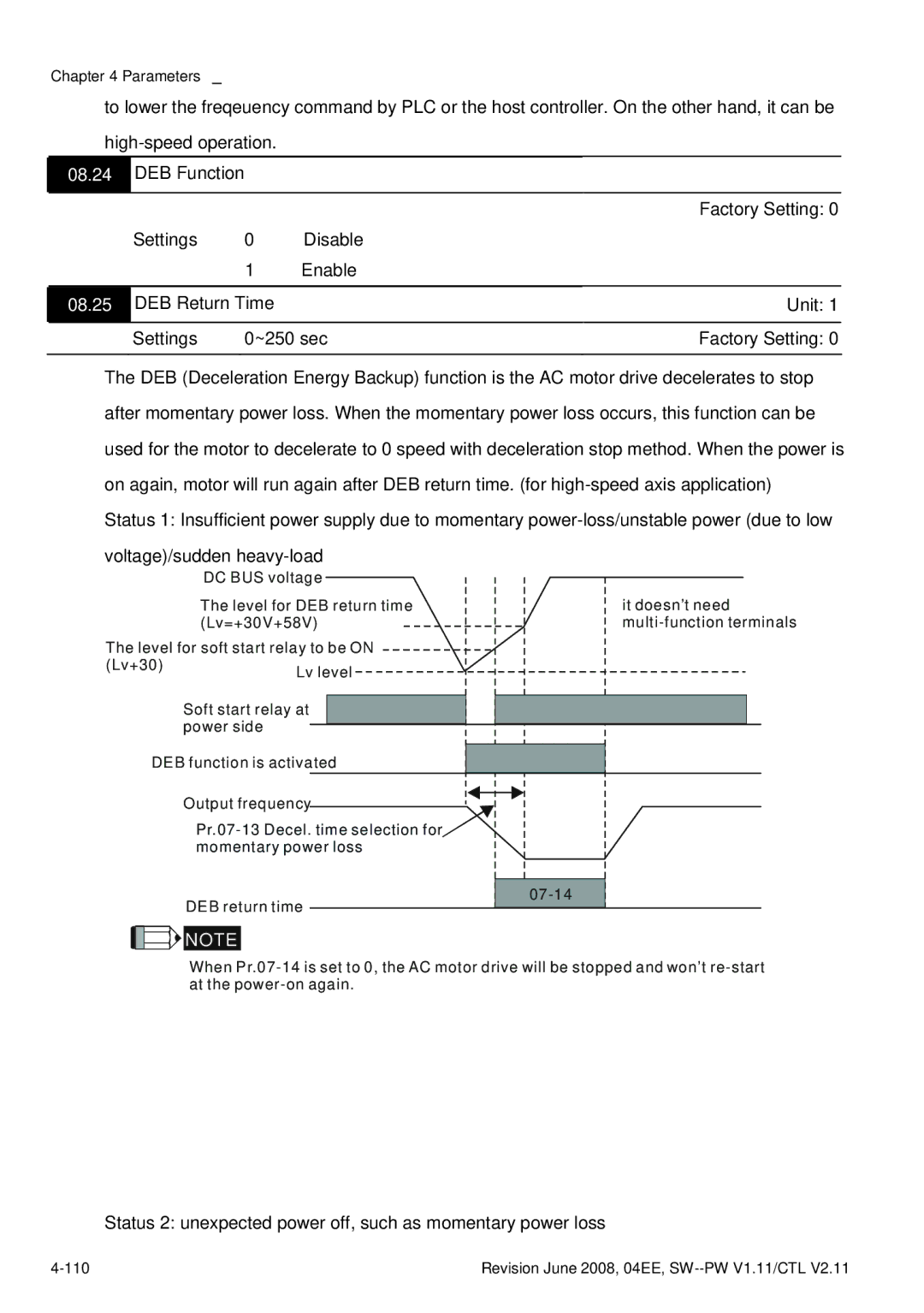 Delta Electronics VFD-E manual 08.25, Status 2 unexpected power off, such as momentary power loss 