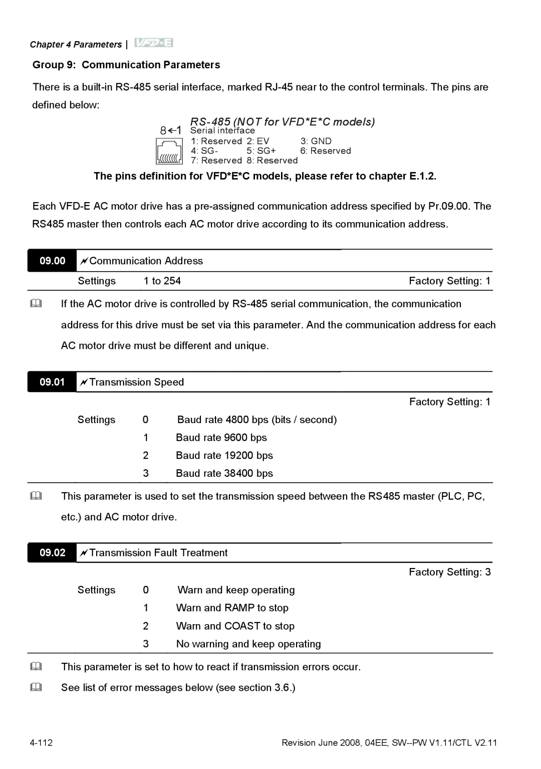 Delta Electronics VFD-E manual RS-485 not for VFD*E*C models, Group 9 Communication Parameters 