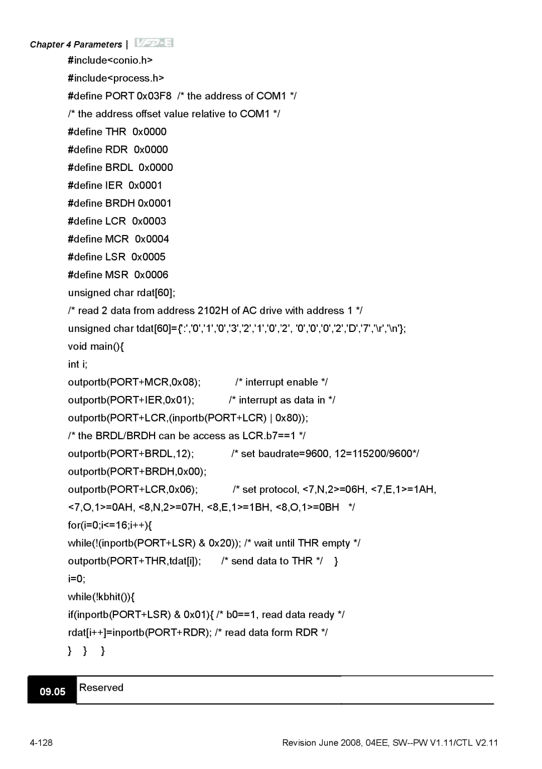 Delta Electronics VFD-E manual Void main Int OutportbPORT+MCR,0x08 