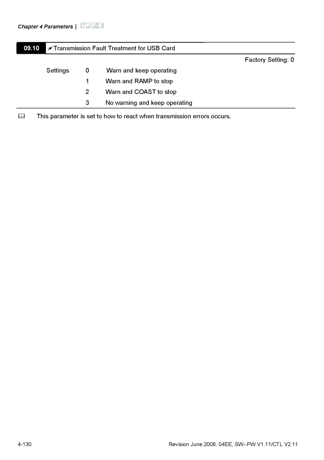 Delta Electronics VFD-E manual Revision June 2008, 04EE, SW--PW V1.11/CTL 