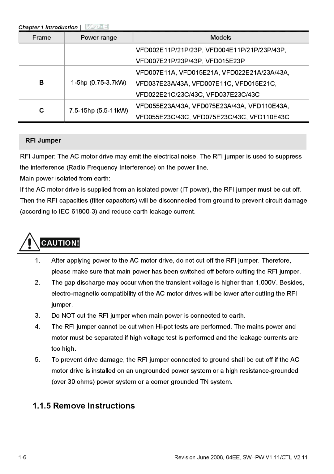 Delta Electronics VFD-E manual Remove Instructions, RFI Jumper 