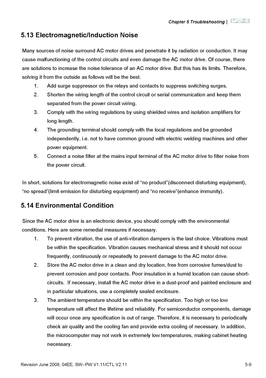 Delta Electronics VFD-E manual Electromagnetic/Induction Noise, Environmental Condition 