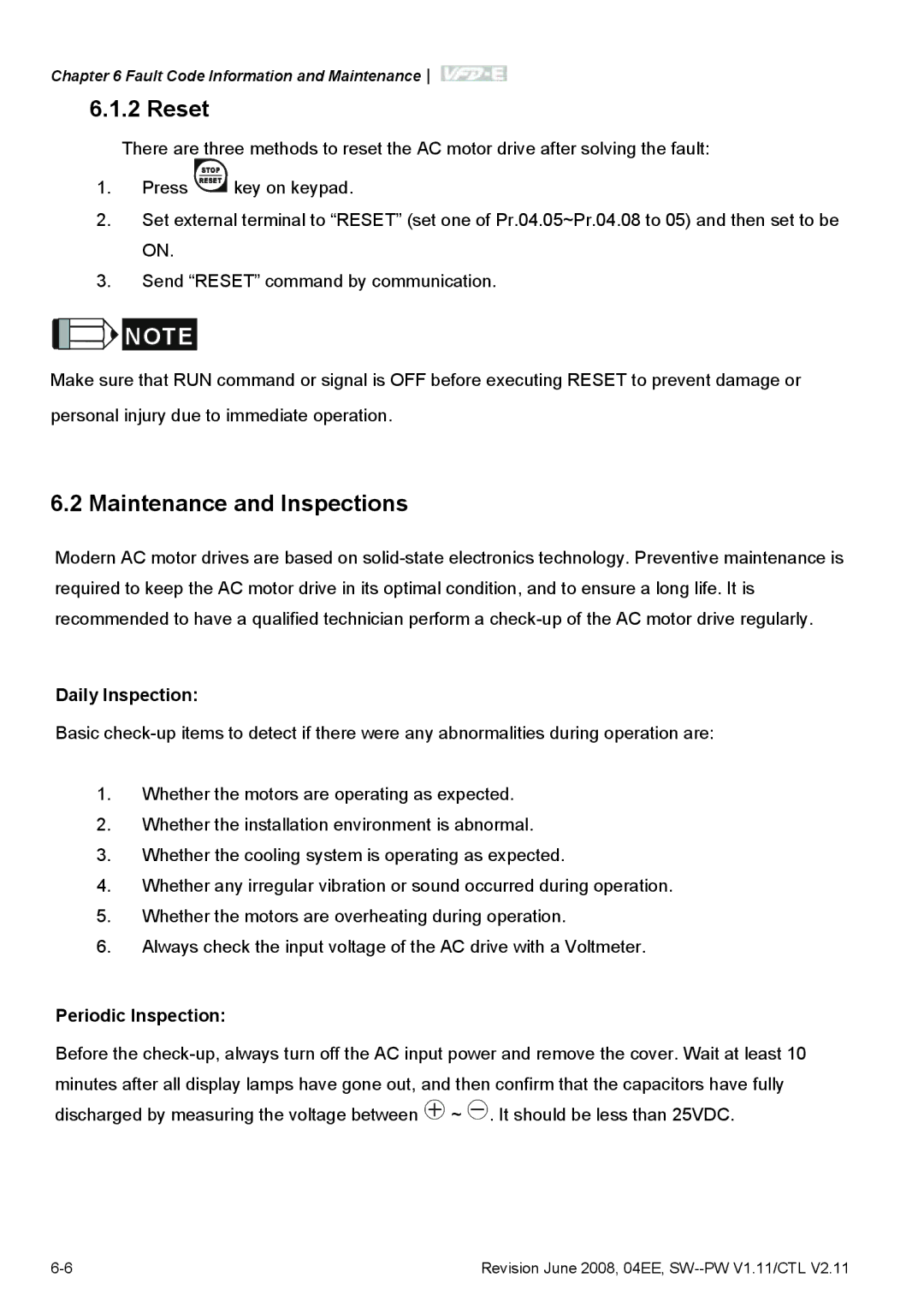 Delta Electronics VFD-E manual Reset, Maintenance and Inspections, Daily Inspection, Periodic Inspection 