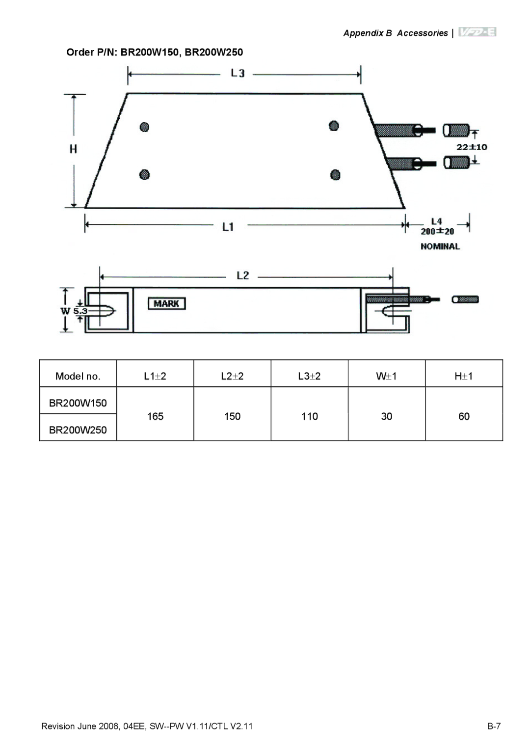 Delta Electronics VFD-E manual Order P/N BR200W150, BR200W250 