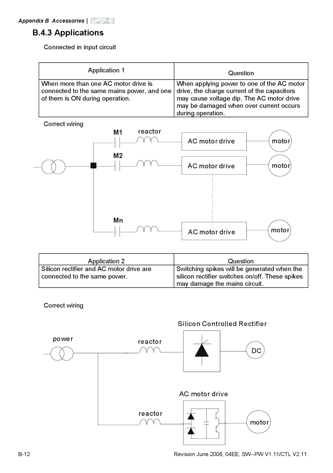 Delta Electronics VFD-E manual Applications, M1 reactor AC motor drive Motor 