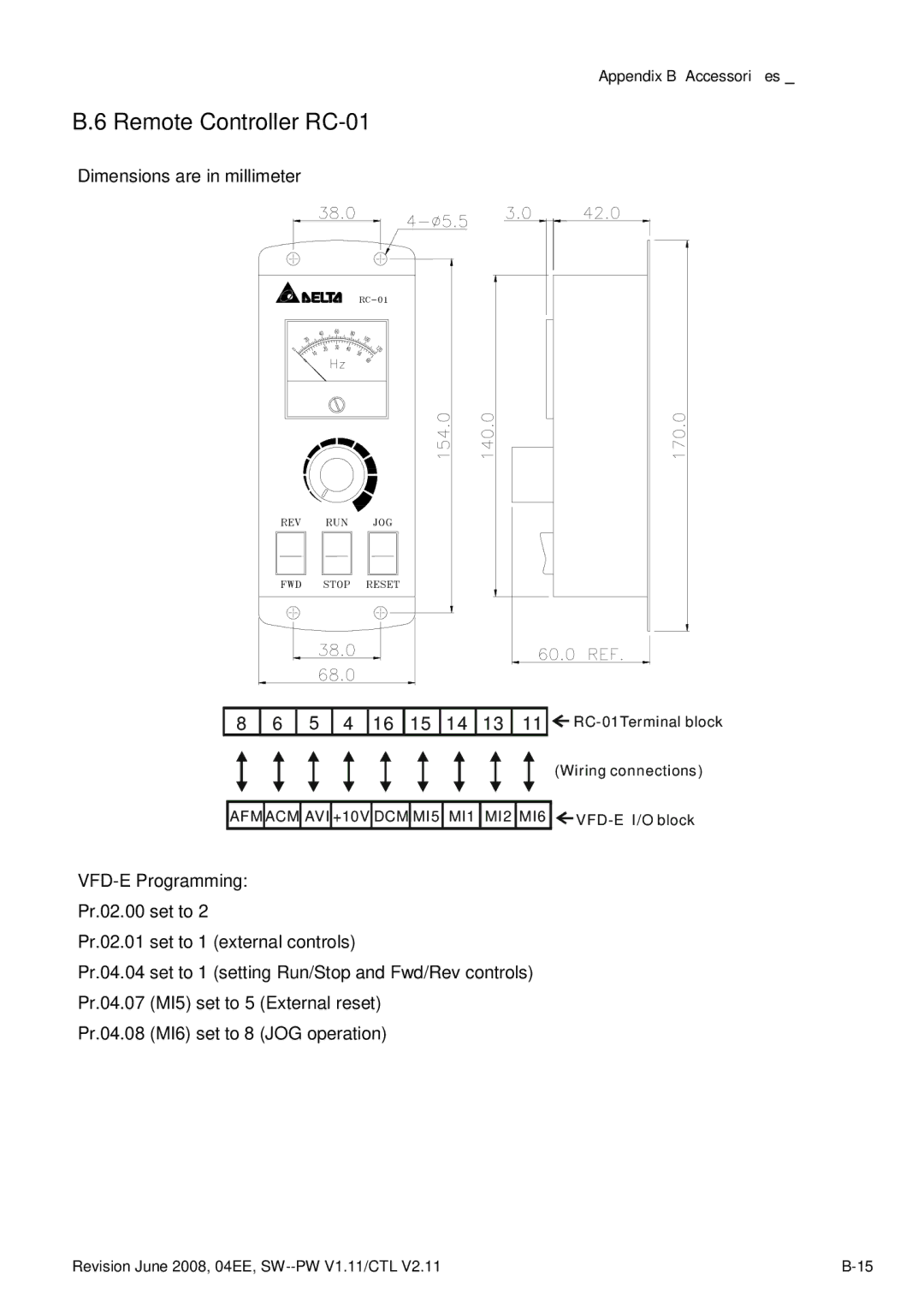 Delta Electronics VFD-E manual Remote Controller RC-01, 5 4 16 15 14 13 11 RC-01Terminal block 