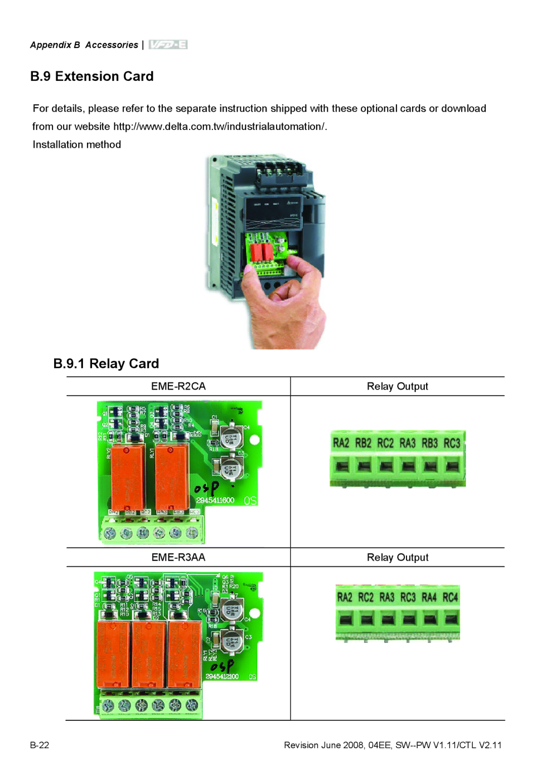 Delta Electronics VFD-E manual Extension Card, Relay Card, EME-R2CA, EME-R3AA 