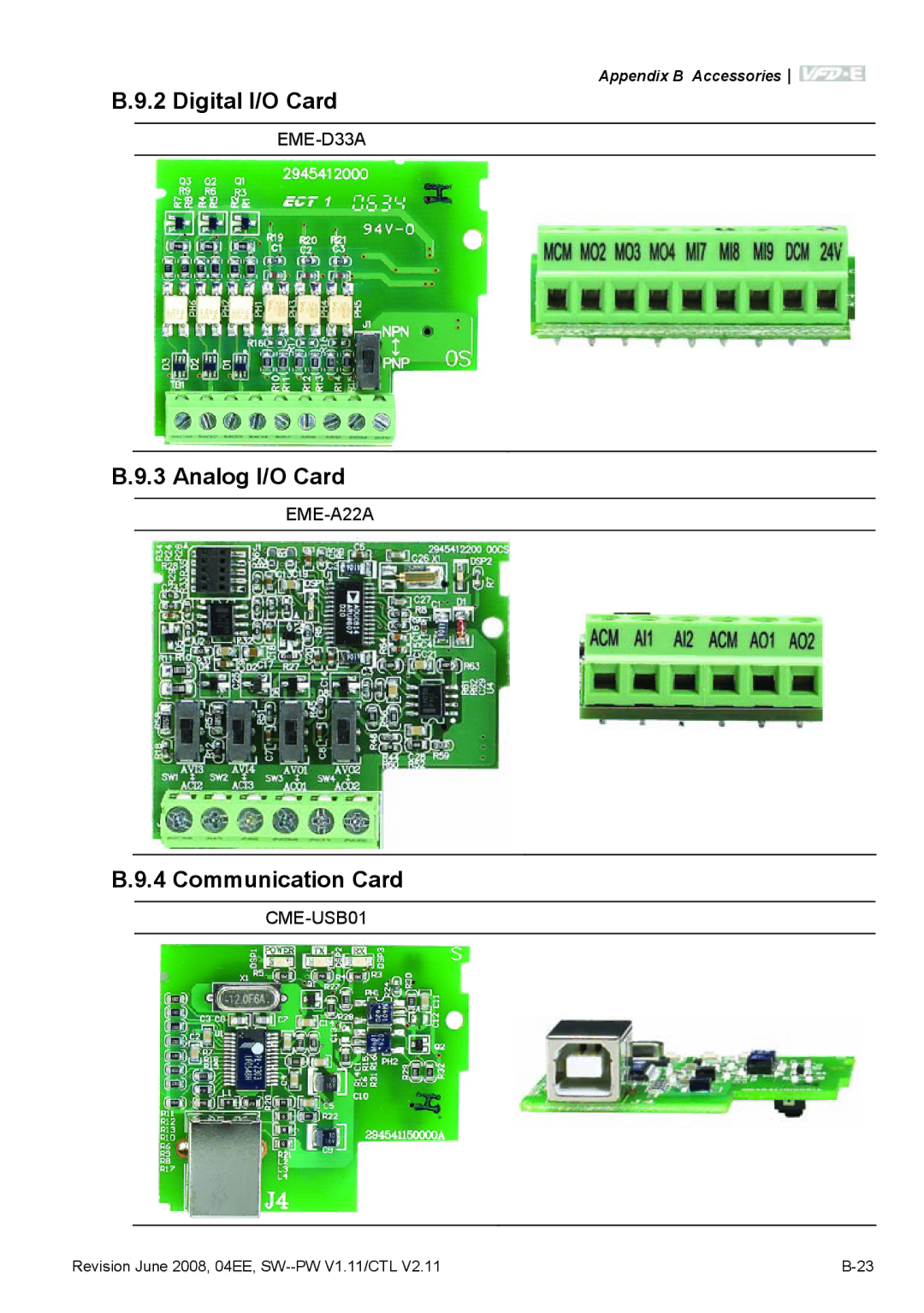 Delta Electronics VFD-E manual Digital I/O Card, Analog I/O Card, Communication Card 