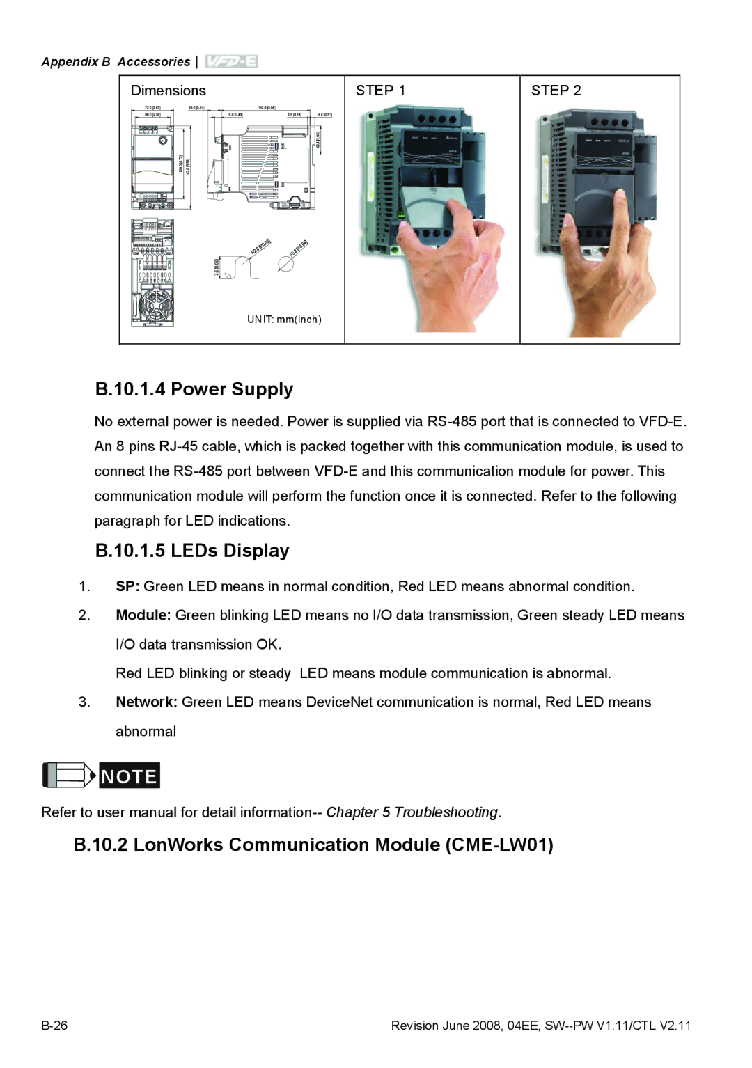 Delta Electronics VFD-E manual Power Supply, LEDs Display, LonWorks Communication Module CME-LW01, Step 