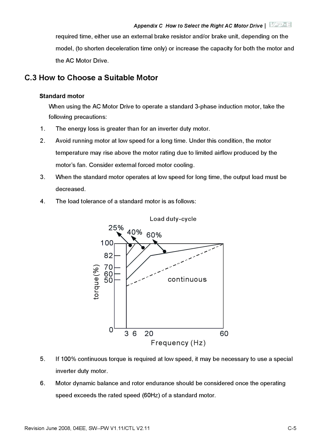 Delta Electronics VFD-E manual How to Choose a Suitable Motor, Standard motor 