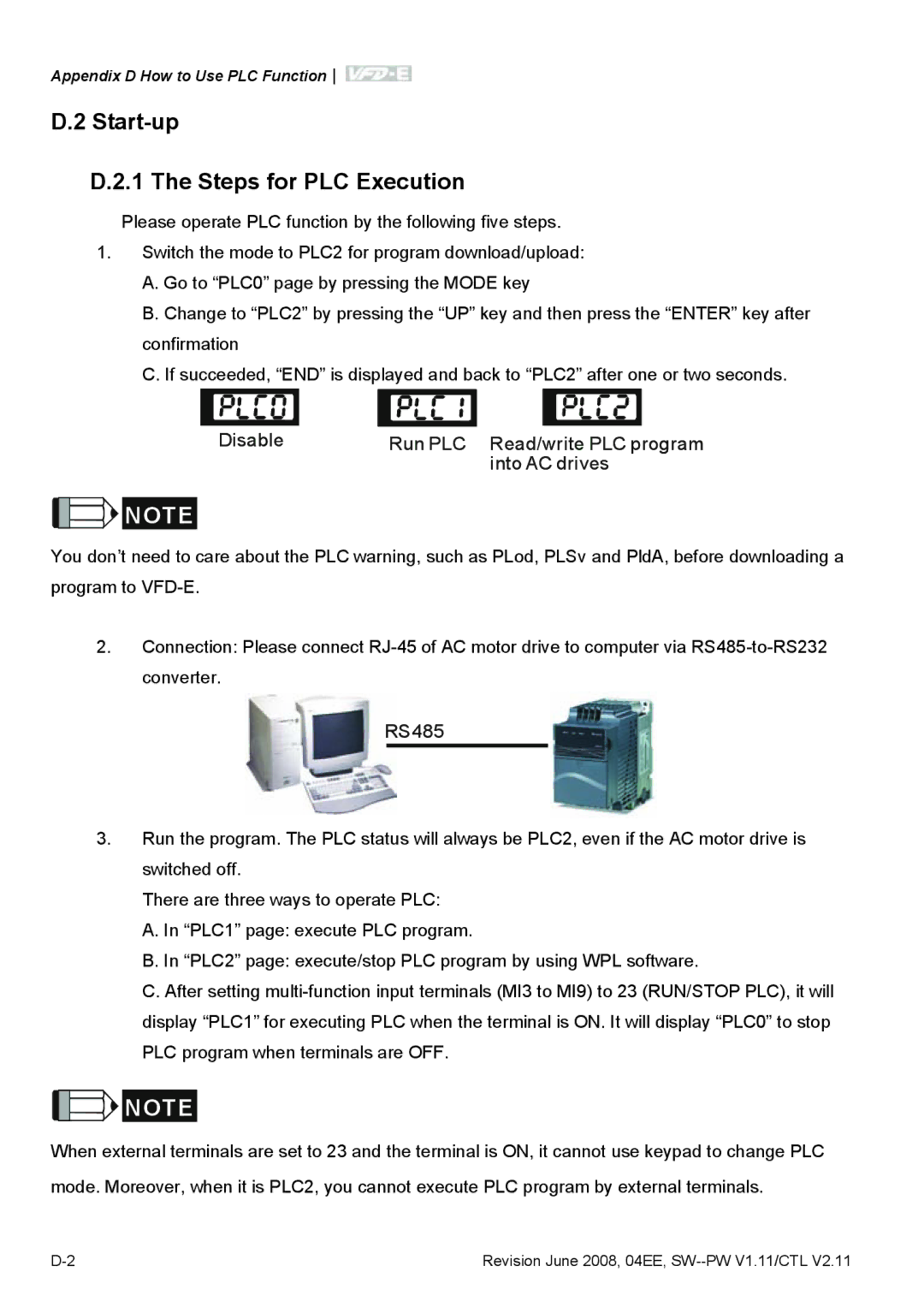 Delta Electronics VFD-E manual Start-up Steps for PLC Execution, RS485 