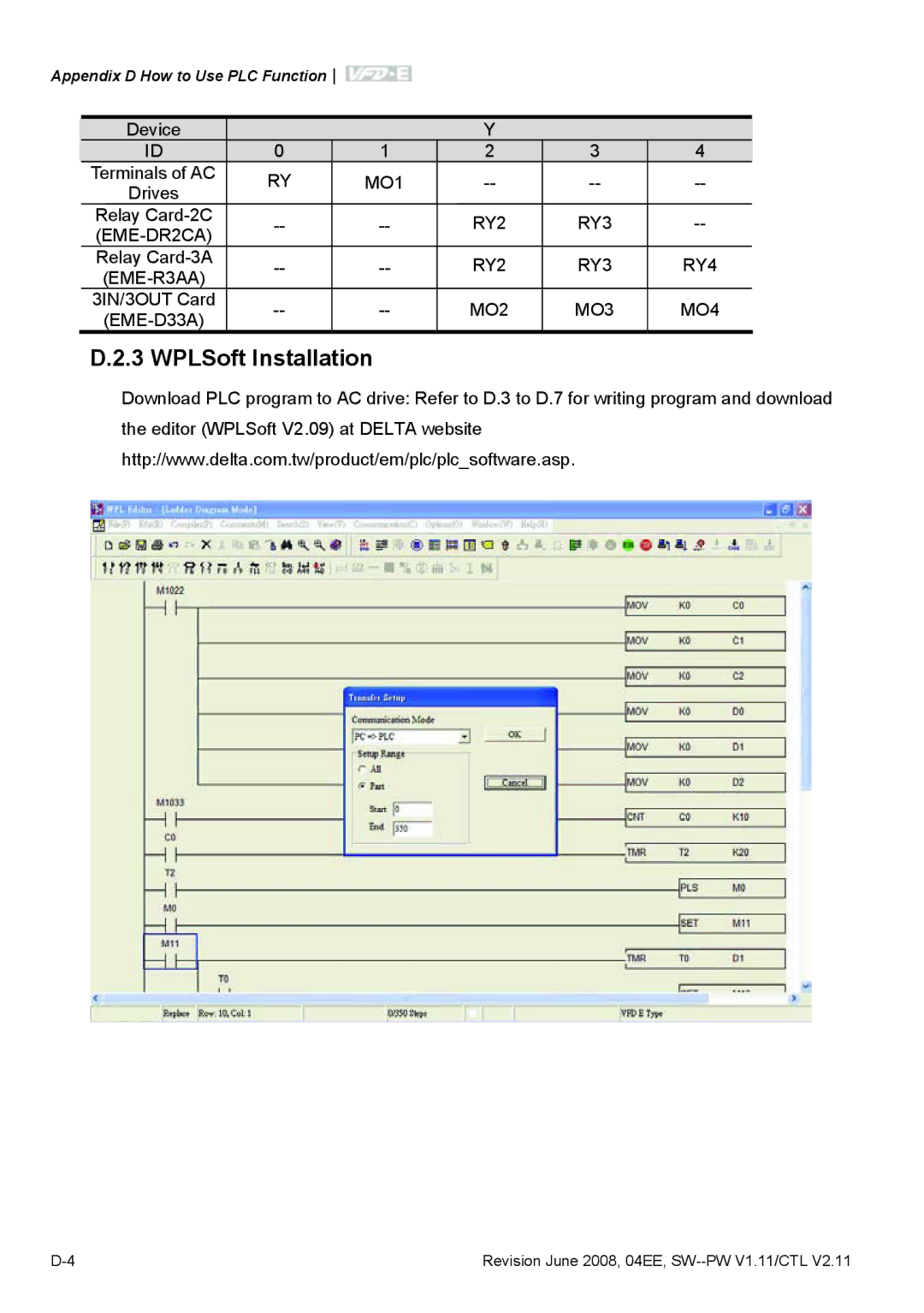 Delta Electronics VFD-E manual WPLSoft Installation, EME-DR2CA, MO2 MO3 MO4 