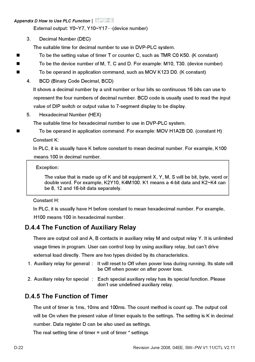 Delta Electronics VFD-E manual Function of Auxiliary Relay, Function of Timer 