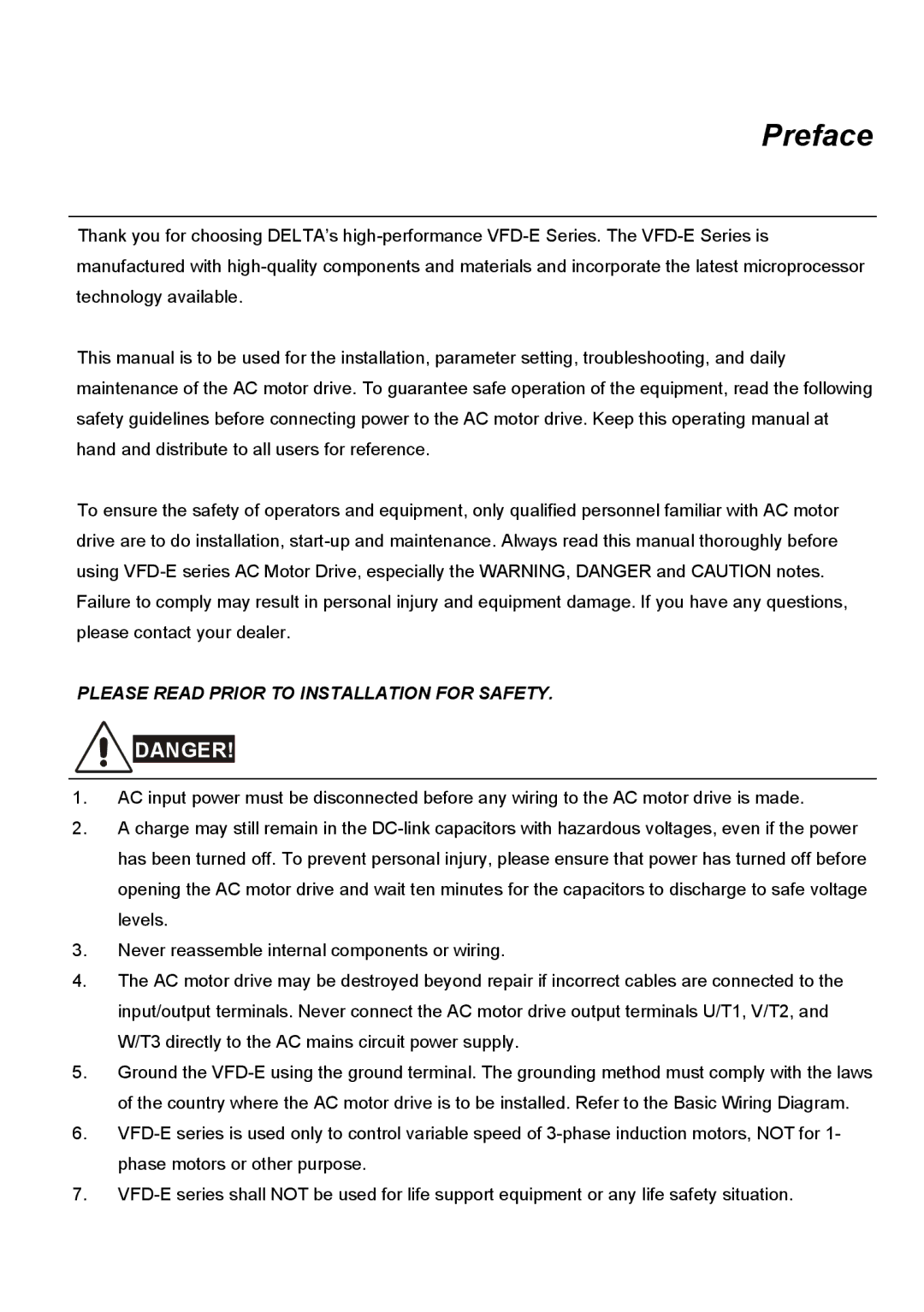 Delta Electronics VFD-E manual Preface 