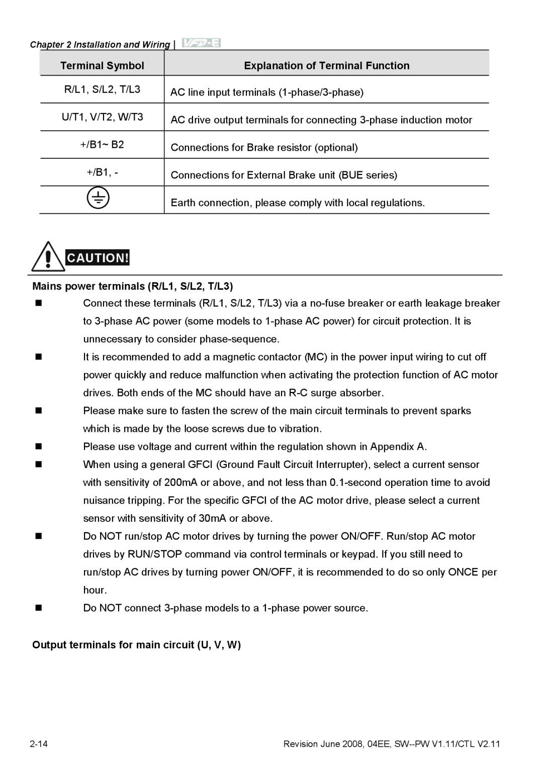 Delta Electronics VFD-E manual Terminal Symbol, Explanation of Terminal Function, Mains power terminals R/L1, S/L2, T/L3 