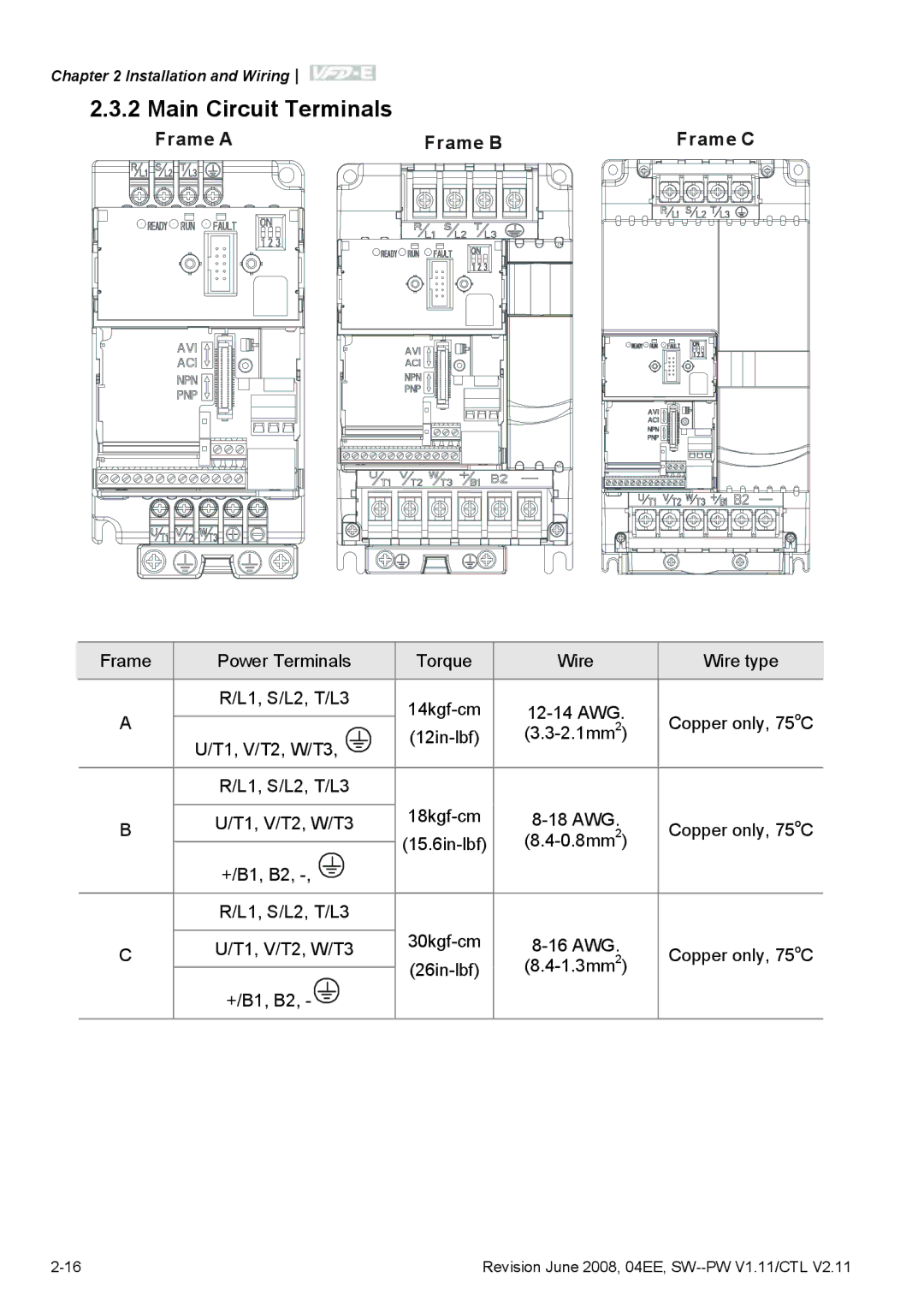 Delta Electronics VFD-E manual Main Circuit Terminals, Frame a Frame B Frame C 