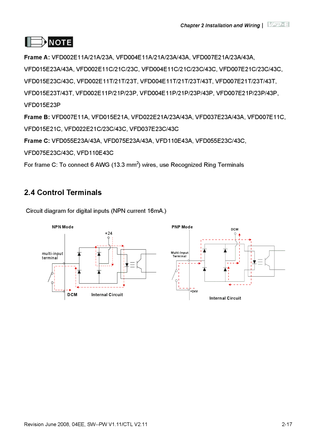 Delta Electronics VFD-E manual Control Terminals, Circuit diagram for digital inputs NPN current 16mA 