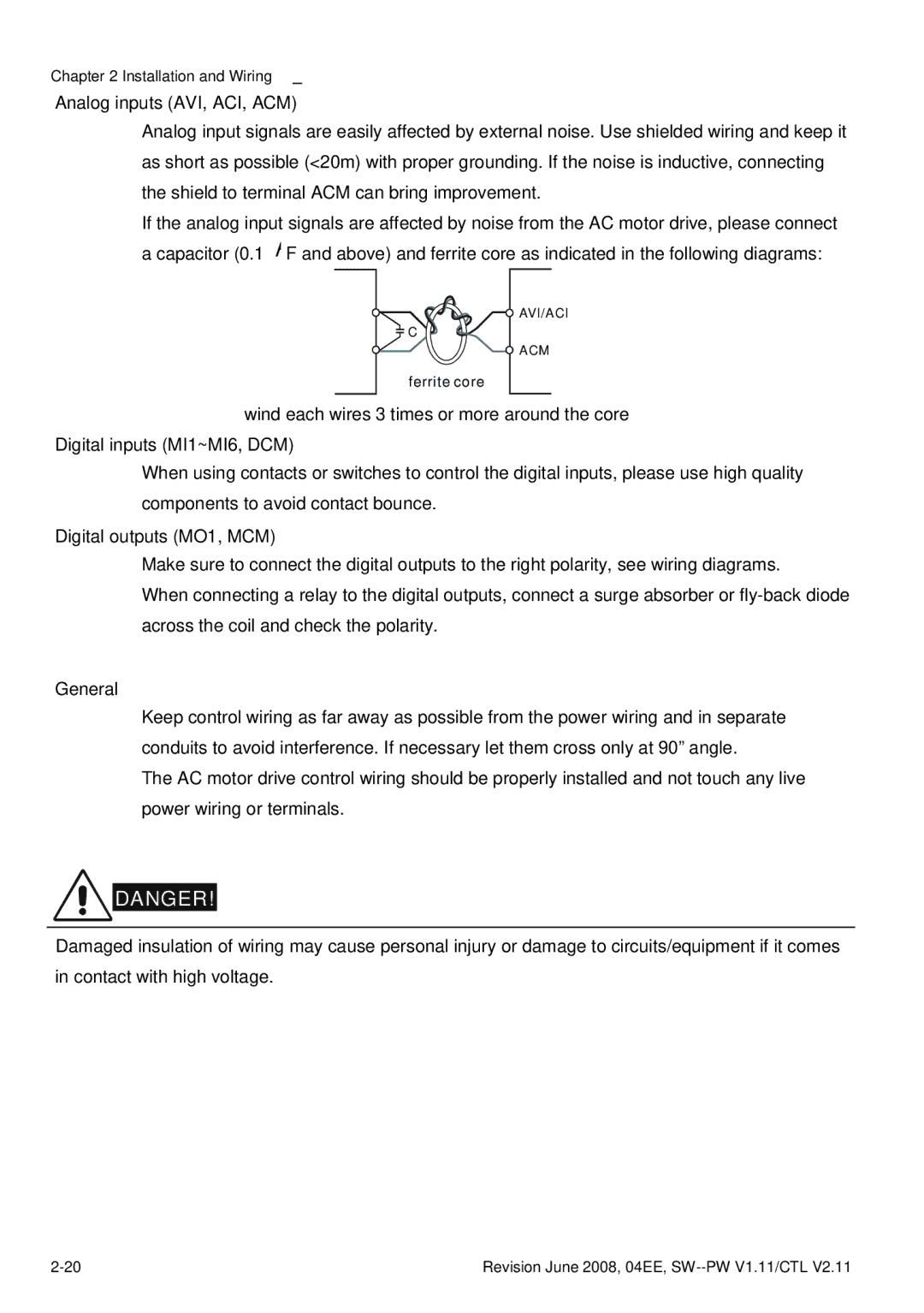 Delta Electronics VFD-E manual Analog inputs AVI, ACI, ACM, Digital outputs MO1, MCM, General 